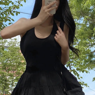 Cropped halter neck ribbon tie sleeveless top