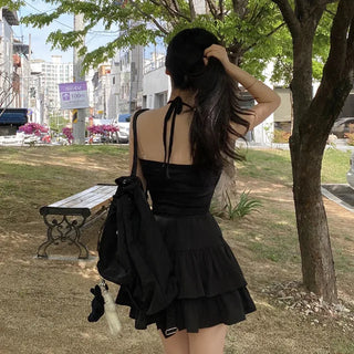 Cropped halter neck ribbon tie sleeveless top