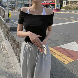 Cropped halter neck ribbon tie sleeveless top