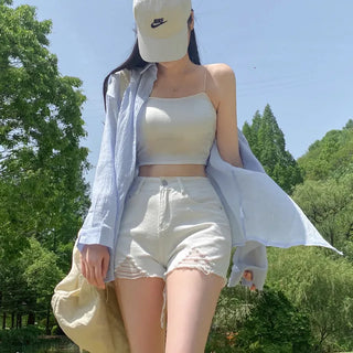 Cut-out denim pocket shorts