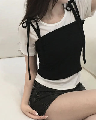 [2-piece set] Two-tone sleeveless short-sleeved T-shirt