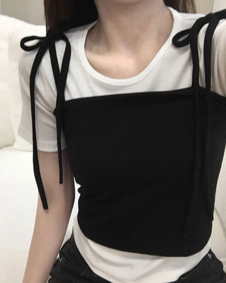 [2-piece set] Two-tone sleeveless short-sleeved T-shirt