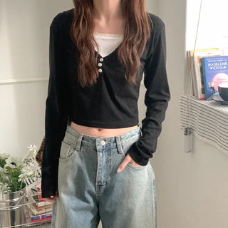 Layered Button Cropped T-Shirt