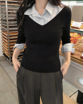 Extremely popular in Korea! Shirt-layered knit / 5 colors