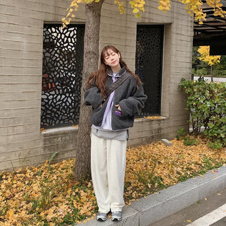 Velour ribbed fleece-lined elastic waist pants
