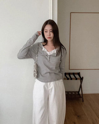 Snap button long-sleeved T-shirt