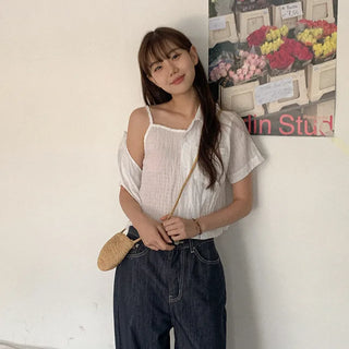 Wrinkle Camisole Short-Sleeve Shirt Set