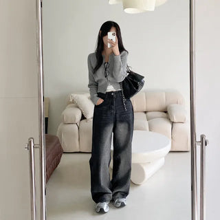Wool round grey cropped knit cardigan