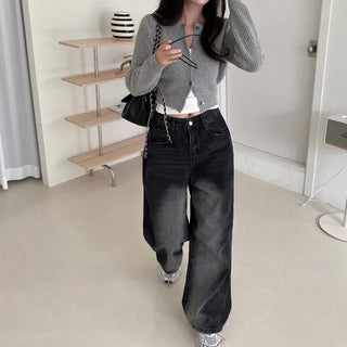 Wool round grey cropped knit cardigan
