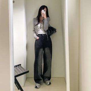 Wool round grey cropped knit cardigan