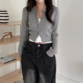Wool round grey cropped knit cardigan