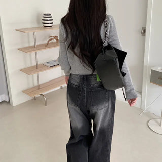 Wool round grey cropped knit cardigan