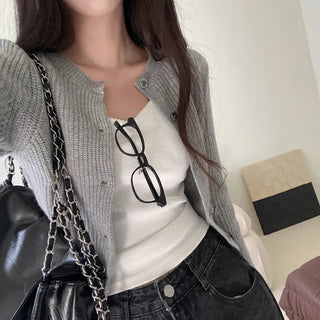 Wool round grey cropped knit cardigan