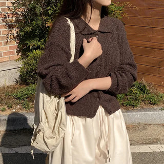 Wool Boucle Loose Fit Collar Knit Cardigan