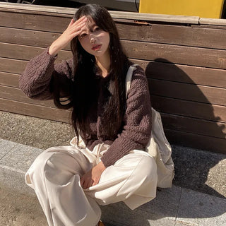 Wool Boucle Loose Fit Collar Knit Cardigan
