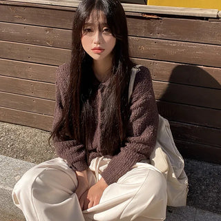 Wool Boucle Loose Fit Collar Knit Cardigan