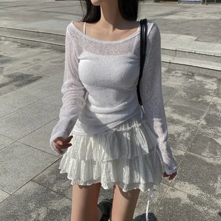 Off-shoulder sheer linen shirred ribbon knit