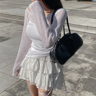 Off-shoulder sheer linen shirred ribbon knit