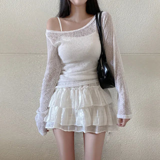 Off-shoulder sheer linen shirred ribbon knit