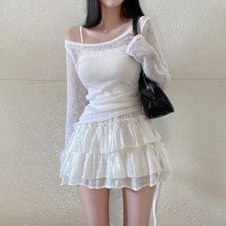 Off-shoulder sheer linen shirred ribbon knit