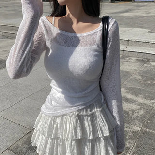 Off-shoulder sheer linen shirred ribbon knit