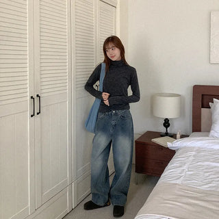 Corduroy wide-leg denim pants