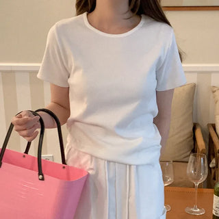 Cotton rib short-sleeved T-shirt