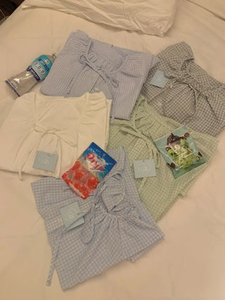 Ribbon Stripe Border Check Pajama Set