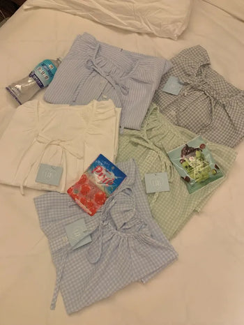 Ribbon Stripe Border Check Pajama Set