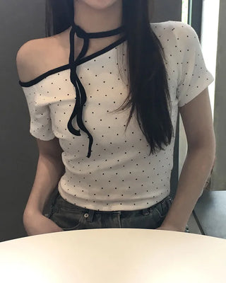 Polka Dot One-Shoulder Short-Sleeve T-Shirt