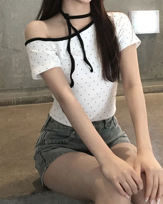 Polka Dot One-Shoulder Short-Sleeve T-Shirt