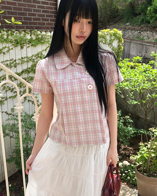 Round collar check pattern short-sleeved blouse