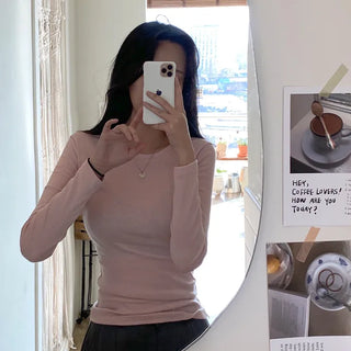 Autumn Innerwear Long Sleeve Round Neck Pink Layered Slim T-Shirt