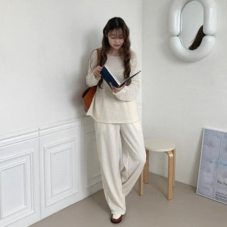 Ribbed wide-leg elastic waist pants