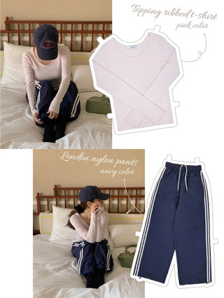 Round U-neck ribbed long-sleeved T-shirt