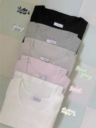 Round U-neck ribbed long-sleeved T-shirt