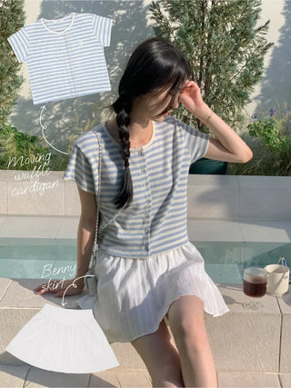 Waffle Stripe Border Short-Sleeve Cardigan
