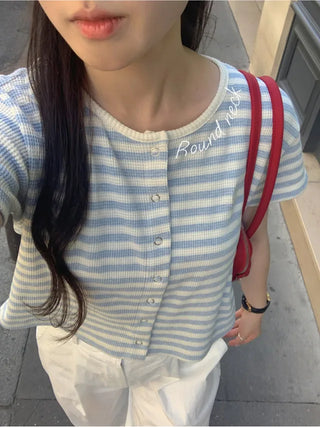 Waffle Stripe Border Short-Sleeve Cardigan