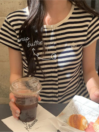 Waffle Stripe Border Short-Sleeve Cardigan