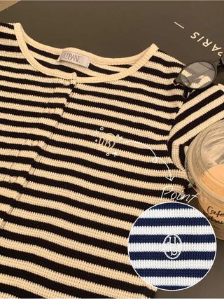 Waffle Stripe Border Short-Sleeve Cardigan