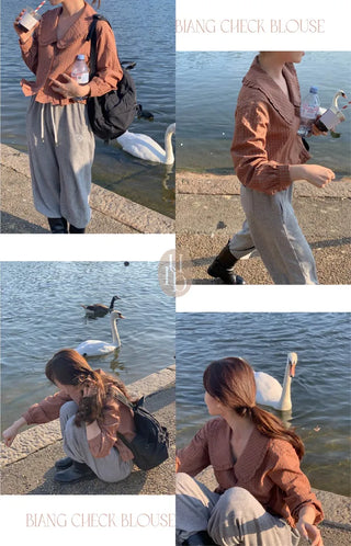 Autumn sailor collar frill check blouse