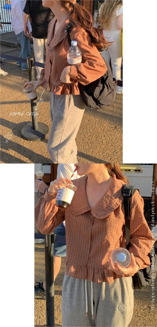 Autumn sailor collar frill check blouse