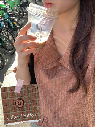 Autumn sailor collar frill check blouse