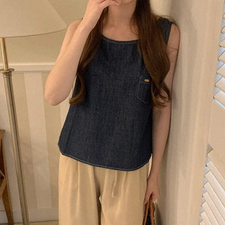 Pocket Cotton Denim Sleeveless