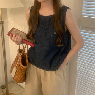 Pocket Cotton Denim Sleeveless