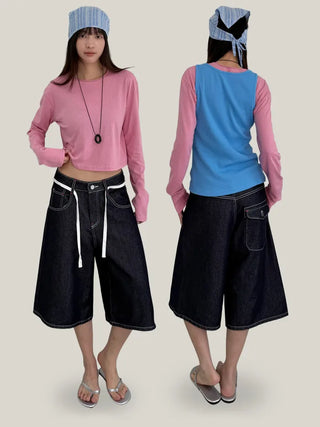 Waist strap denim Bermuda shorts