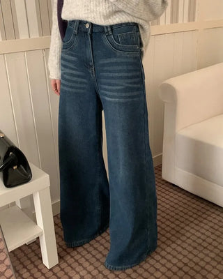 Fleece-lined washed wide-leg denim pants