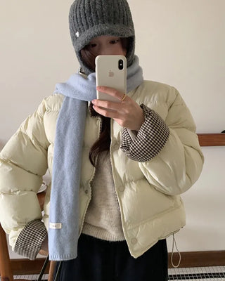 Elastic waistband check pattern color-block down jacket