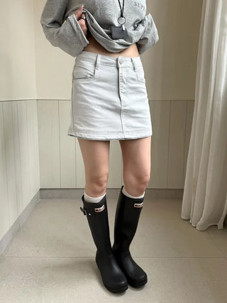 High-waisted ice blue denim mini skirt