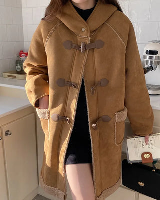 Suede hooded duffel button sheepskin coat
